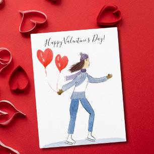Happy Valentine's Day Ice Skater Watercolor Postcard