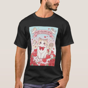 Happy Valentine's Day Katakana Japanese Anime Cat T-Shirt