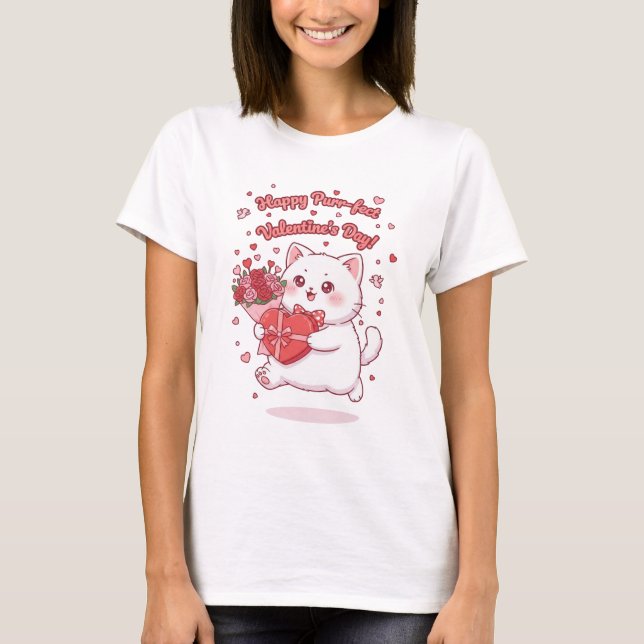 Happy Valentine's Day Kawaii Cat T-Shirt (Front)