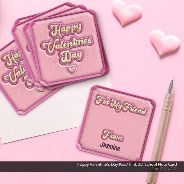 Happy Valentine's Day Kids' Pink 3D School Card (Happy Valentine's Day Kids' School Card: Pink and Yellow 3D, Puffy Design.)