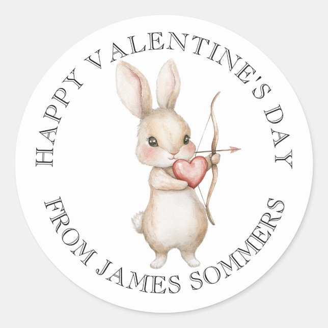 Happy Valentine's Day Kid's Watercolor Rabbit Classic Round Sticker (Front)