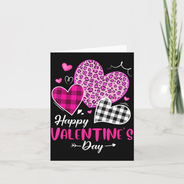 Happy Valentine's Day Leopard And Plaid Hearts Gir Card (Front)