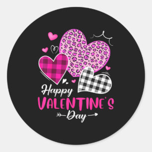 Happy Valentine's Day Leopard And Plaid Hearts Gir Classic Round Sticker