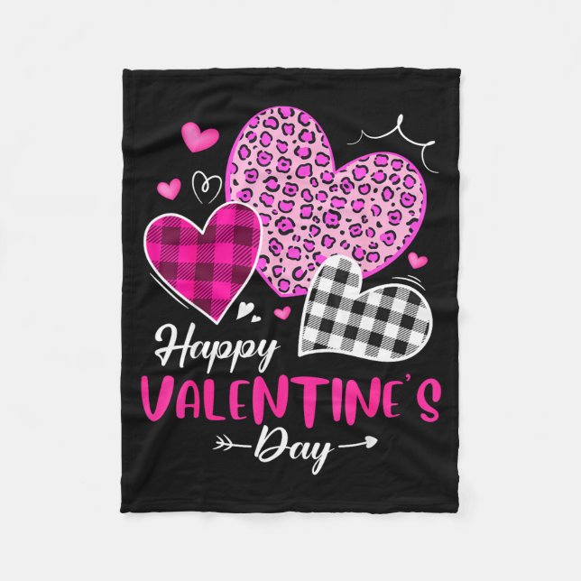 Happy Valentine's Day Leopard And Plaid Hearts Gir Fleece Blanket (Front)