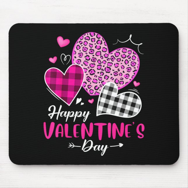 Happy Valentine's Day Leopard And Plaid Hearts Gir Mouse Pad (Front)