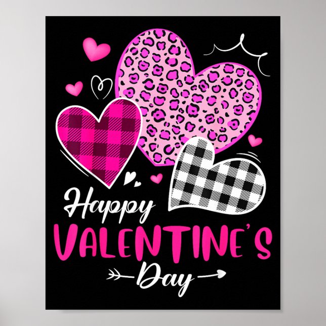 Happy Valentine's Day Leopard And Plaid Hearts Gir Poster (Front)