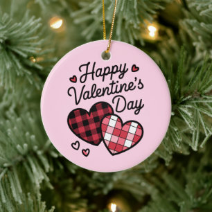 Happy Valentines Day Leopard Plaid Love Heart  Ceramic Ornament
