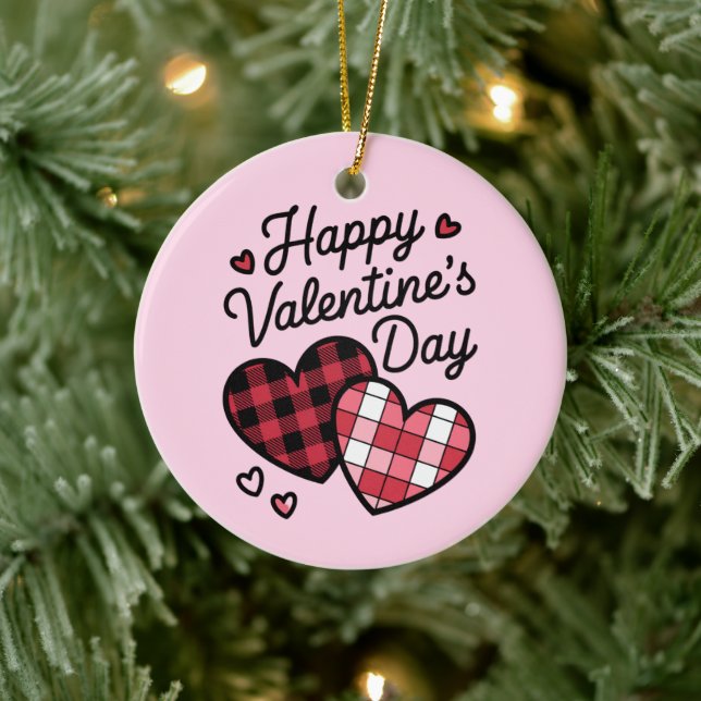 Happy Valentines Day Leopard Plaid Love Heart  Ceramic Ornament (Tree)