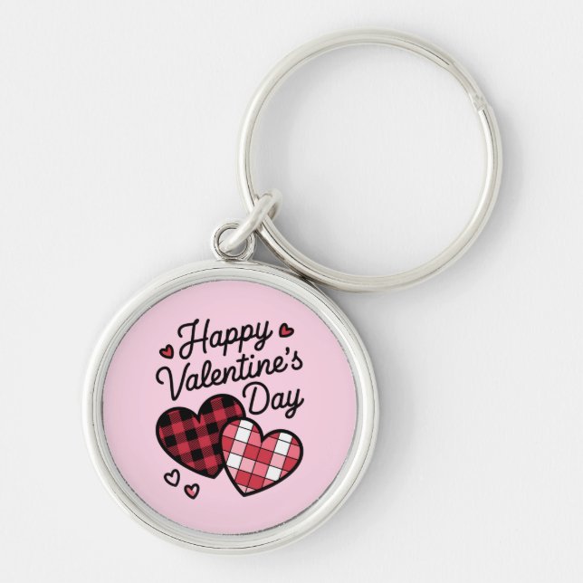 Happy Valentines Day Leopard Plaid Love Heart  Key Ring (Front)