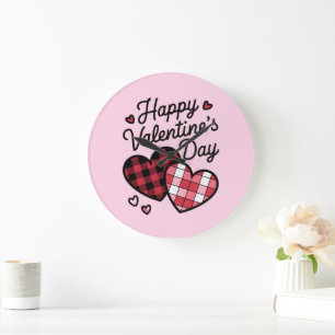Happy Valentines Day Leopard Plaid Love Heart  Large Clock
