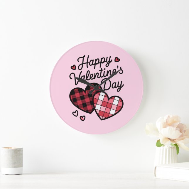 Happy Valentines Day Leopard Plaid Love Heart  Large Clock (Home)