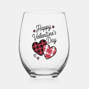 Happy Valentines Day Leopard Plaid Love Heart Stemless Wine Glass