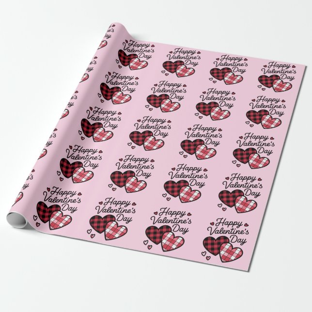 Happy Valentines Day Leopard Plaid Love Heart  Wrapping Paper (Unrolled)