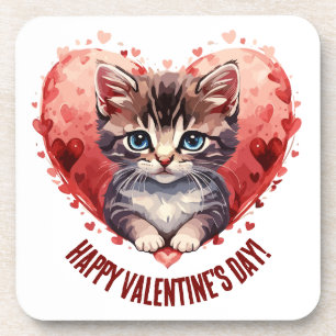 Happy Valentine's Day Little Kitten with Heart Coaster
