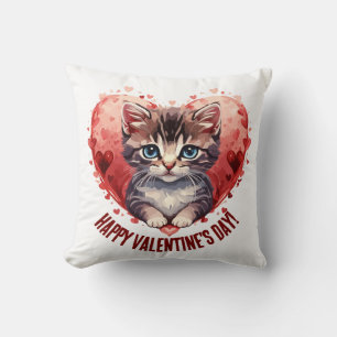 Happy Valentine's Day Little Kitten with Heart Cushion
