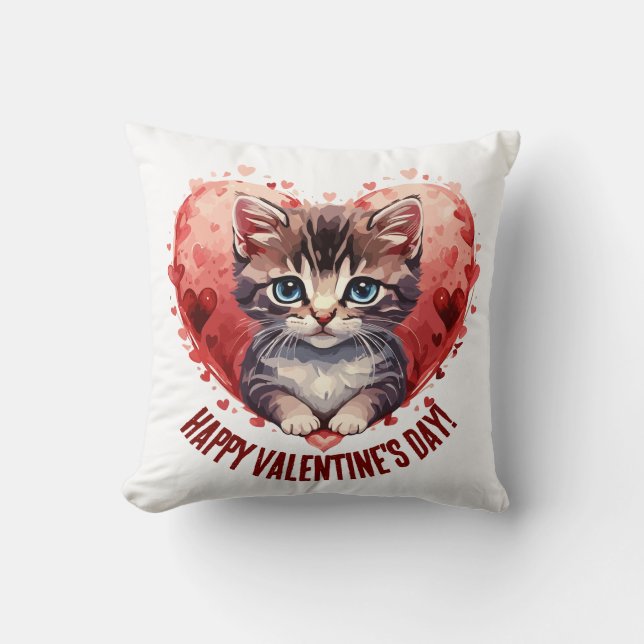 Happy Valentine's Day Little Kitten with Heart Cushion (Front)