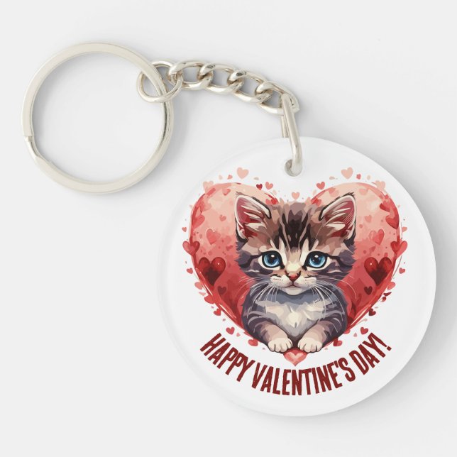 Happy Valentine's Day Little Kitten with Heart Key Ring (Front)