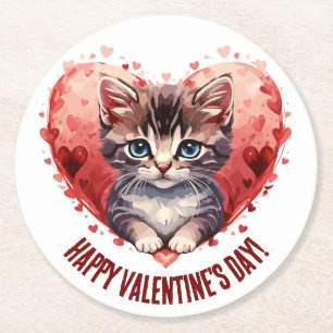 Happy Valentine's Day Little Kitten with Heart Round Paper Coaster