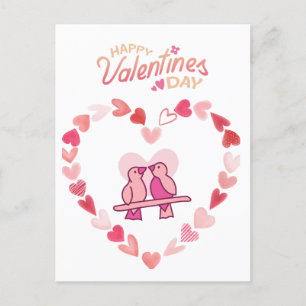 Happy Valentines Day Love Birds Pink Heart Wreath Holiday Postcard