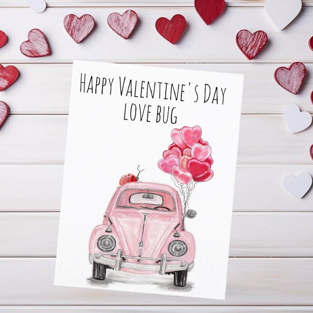 Happy Valentine's Day Love Bug Pink Car Balloons Holiday Postcard (Creator Uploaded)