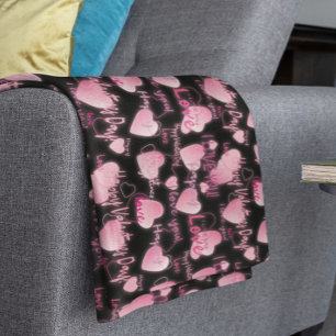 Happy Valentine's day Love Script Pink Hearts  Fleece Blanket