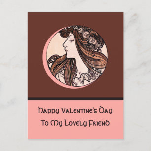 Happy Valentine's Day Lovely Friend Mucha Pink Holiday Postcard
