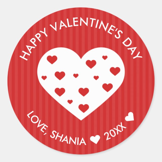 Happy Valentine's Day Lovely Red White Hearts Classic Round Sticker (Front)