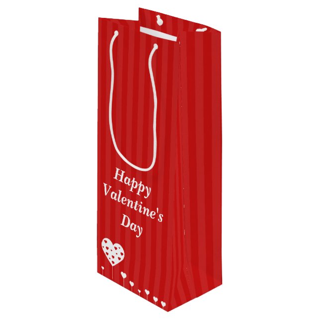 Happy Valentine's Day Lovely Red White Hearts Wine Gift Bag (Front Angled)