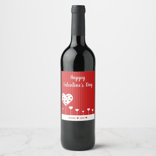 Happy Valentine's Day Lovely Red White Hearts Wine Label (Front)