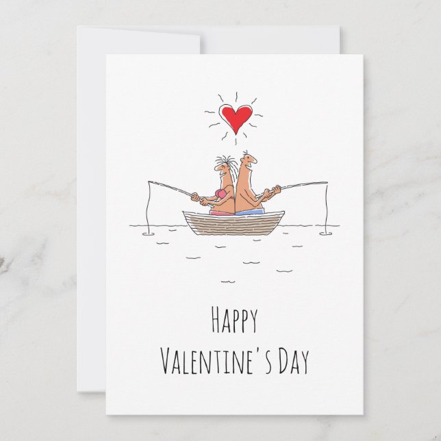 Happy Valentine's Day Lovers Fishing Red Heart Holiday Card (Front)