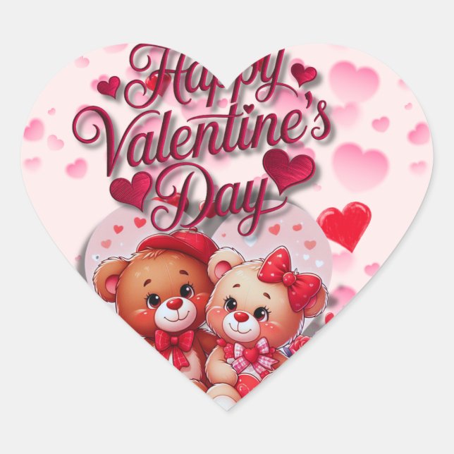 Happy Valentine's Day Loving Teddy Bear Couple Heart Sticker (Front)