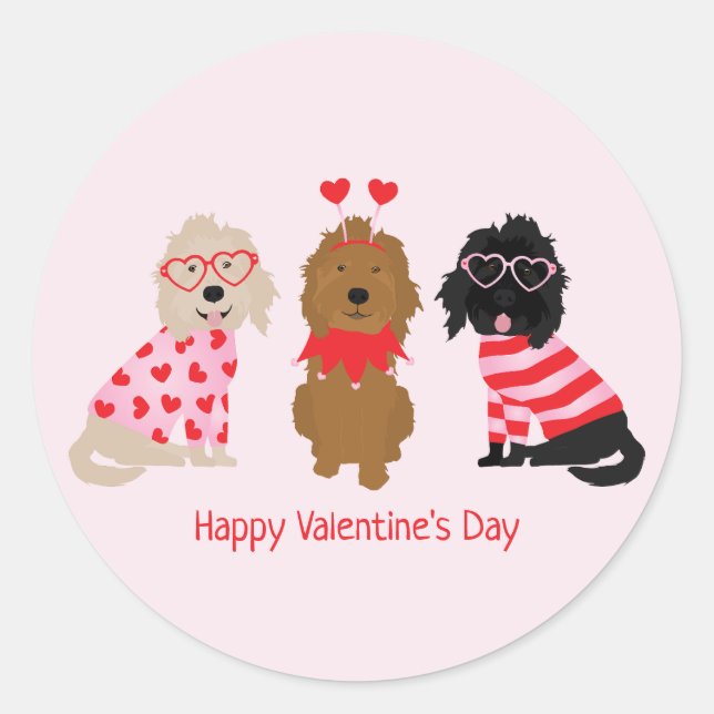 Happy Valentines Day Mini Goldendoodle Dogs Classic Round Sticker (Front)