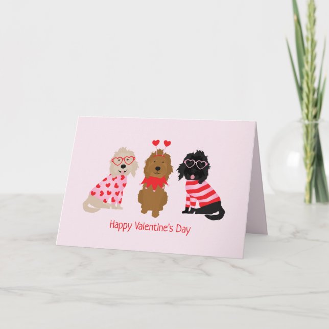 Happy Valentines Day Mini Goldendoodle Dogs Holiday Card (Front)