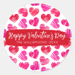 Happy Valentines Day Modern Red Pink Hearts Name Classic Round Sticker