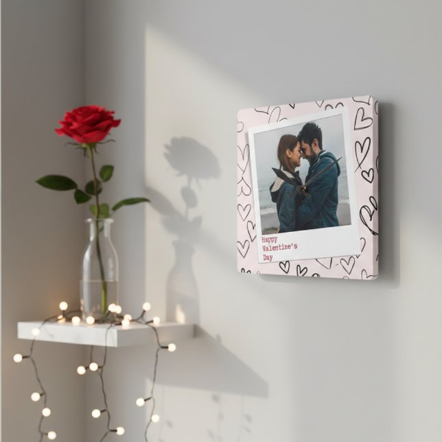 Happy Valentines Day Modern Stylish Romantic Photo Square Wall Clock (Creator Uploaded)