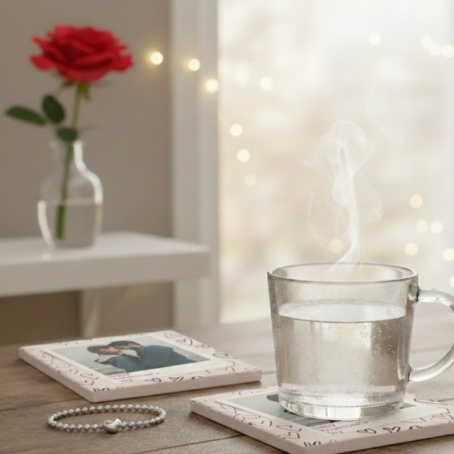 Happy Valentines Day Modern Stylish Romantic Photo Stone Coaster (Creator Uploaded)