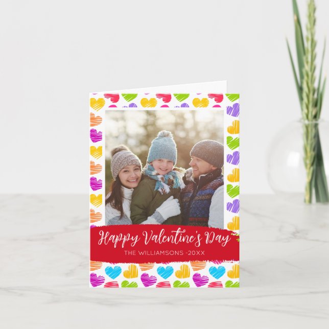 Happy Valentines Day Modern Vibrant Hearts Photo Holiday Card (Front)