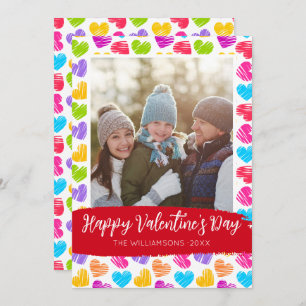 Happy Valentines Day Modern Vibrant Hearts Photo Holiday Card