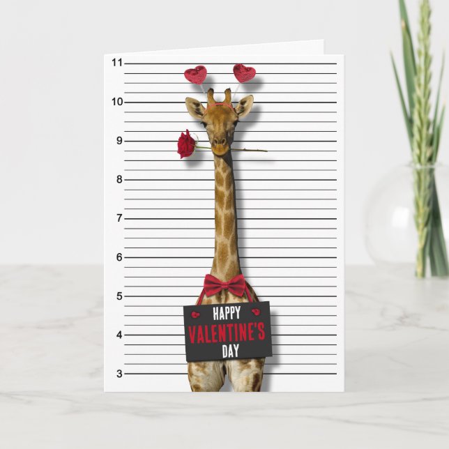 Happy Valentine's Day Mugshot Guilty Giraffe Funny Card (Front)