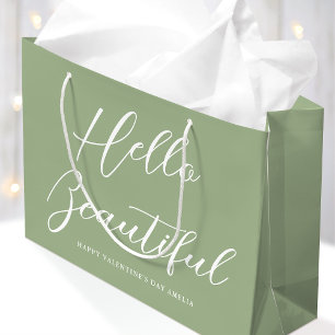 Happy Valentine's Day Name Brush Script Sage Green Large Gift Bag