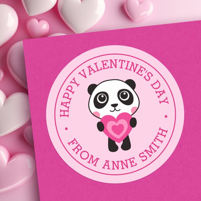 Happy Valentine's Day name cute panda heart pink Classic Round Sticker (Happy Valentine's Day name cute panda heart pink Classic Round Sticker)