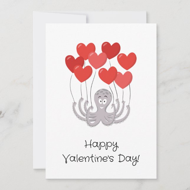 Happy Valentine's Day Octopus Red Heart Balloons Holiday Card (Front)