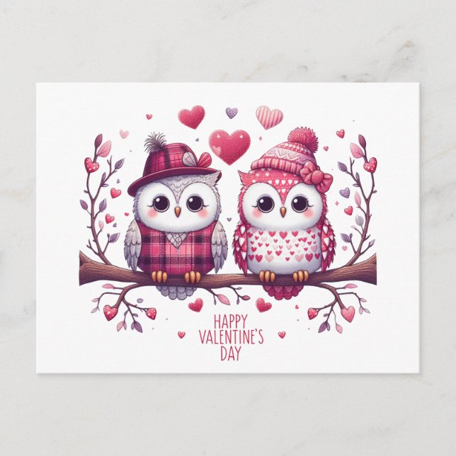 Happy Valentine's Day Owls Holiday Postcard (Front)