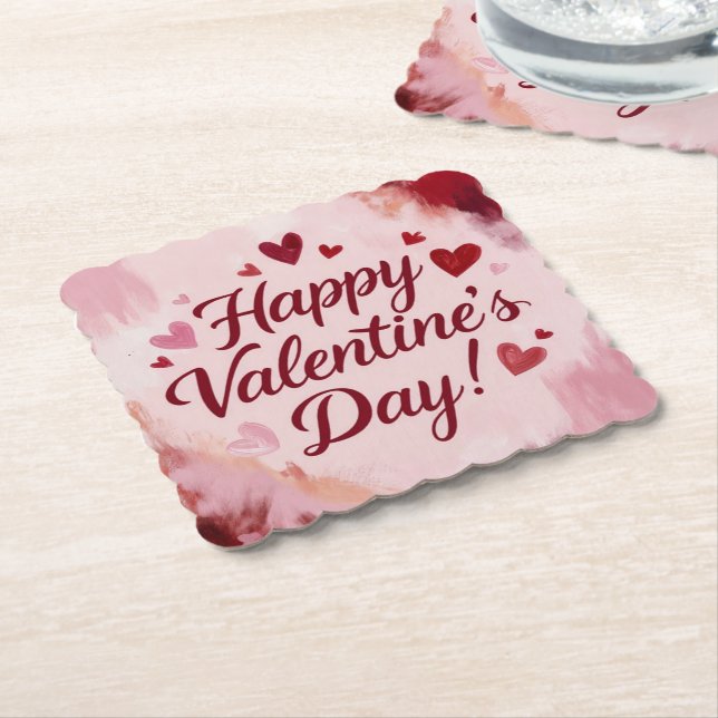 Happy Valentine's Day! Painted Brush Strokes Paper Coaster (Angled)