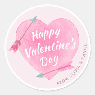 Happy Valentine's Day Pastel Pink Watercolor Heart Classic Round Sticker