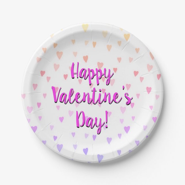 Happy Valentine's Day Pastel Rainbow Hearts Paper Plate (Front)