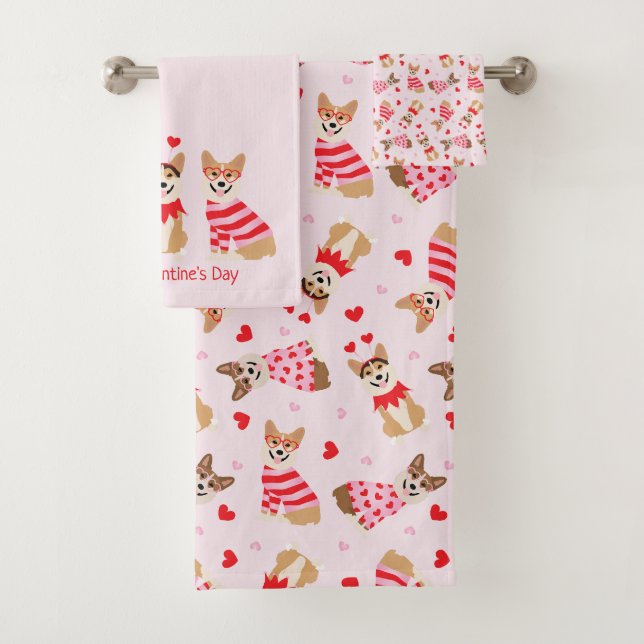 Happy Valentines Day Pembroke Welsh Corgi Dogs Bath Towel Set (Insitu)