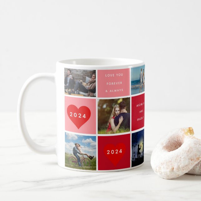 Happy Valentines Day Photo Grid Couples Coffee Mug (With Donut)