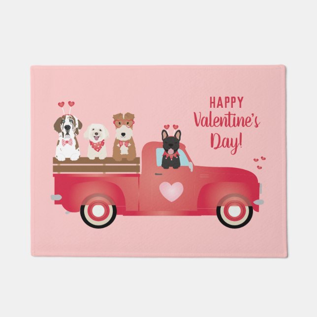 Happy Valentines Day Pickup Truck Love Dogs Doormat (Front)
