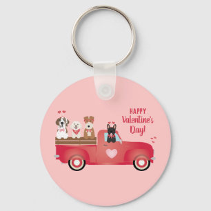 Happy Valentines Day Pickup Truck Love Dogs Key Ring